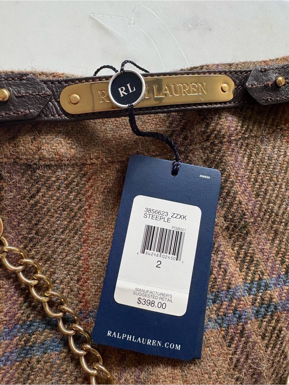 Vintage Ralph Lauren Plaid Wool Mini Skirt Leather Gold Chain Belt 90s y2k Prep - Picture 3 of 13